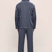 Charles Silk Long Pajama Set - 100% Washable Mulberry Silk, Navy/Ivory Printed Design
