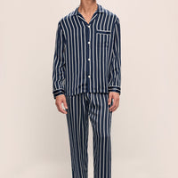 Charles Silk Long Pajama Set - 100% Washable Mulberry Silk, Navy/Ivory Printed Design