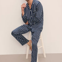 Charles Silk Long Pajama Set - 100% Washable Mulberry Silk, Navy/Ivory Printed Design