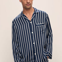Charles Silk Long Pajama Set - 100% Washable Mulberry Silk, Navy/Ivory Printed Design
