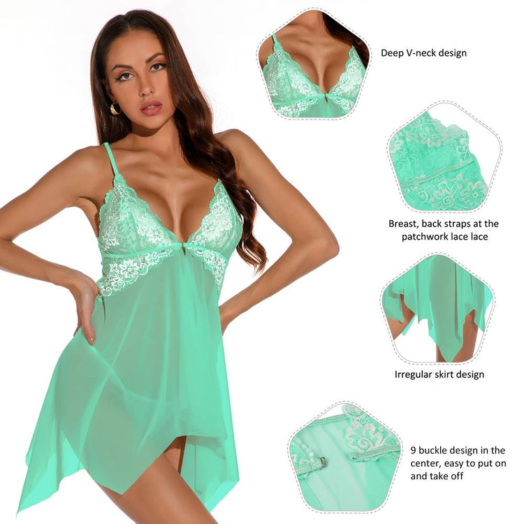 Sheer Babydoll Green Lace Sexy Nightwear