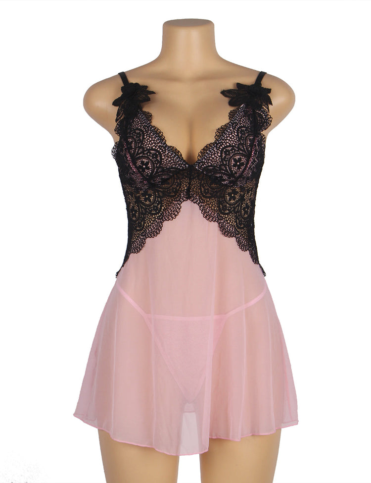 Babydoll Lingerie Black and Pink Sexy Sheer Nightdress