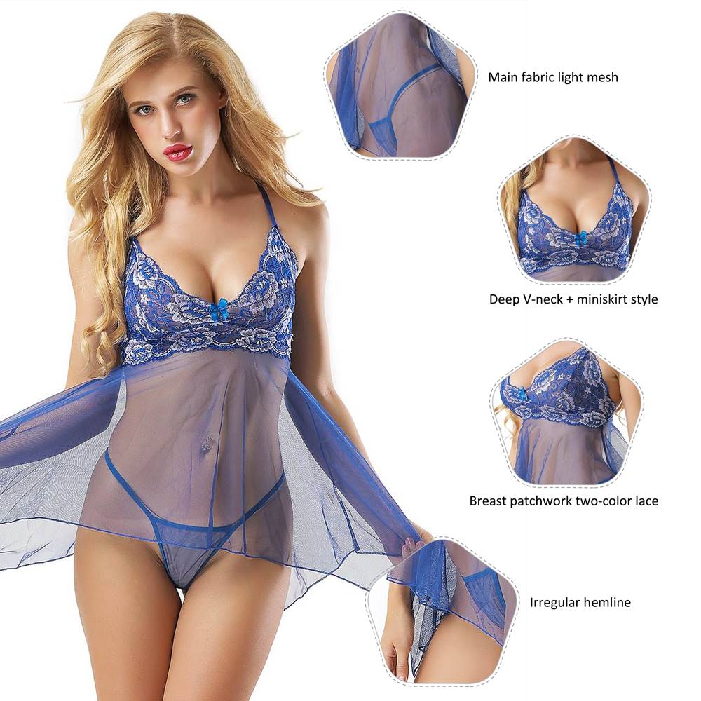 Babydoll Lingerie Set Blue Elegant Lace Sheer Details