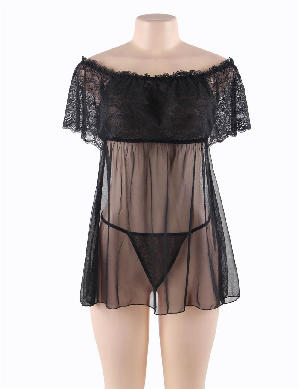 Black Babydoll Off-Shoulder Lace Sheer Lingerie