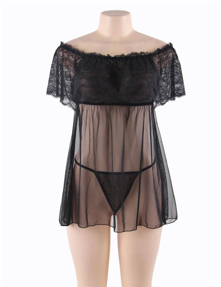 Black Babydoll Off-Shoulder Lace Sheer Lingerie