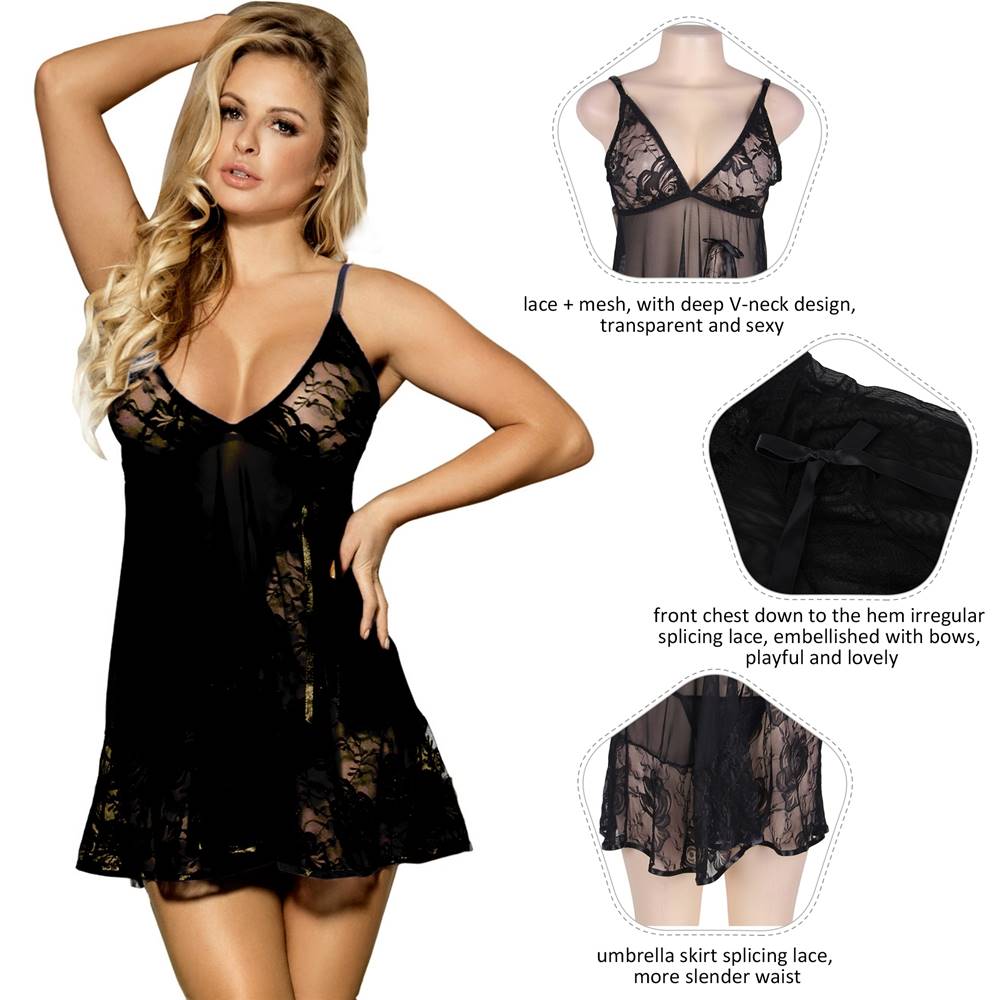 Black Nightdress Sexy Lace Details Sultry Nightwear