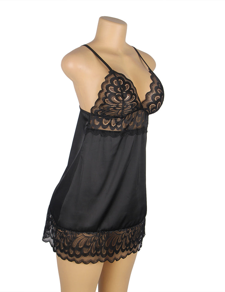 Black Sexy Babydoll Lace Floral Back Closure