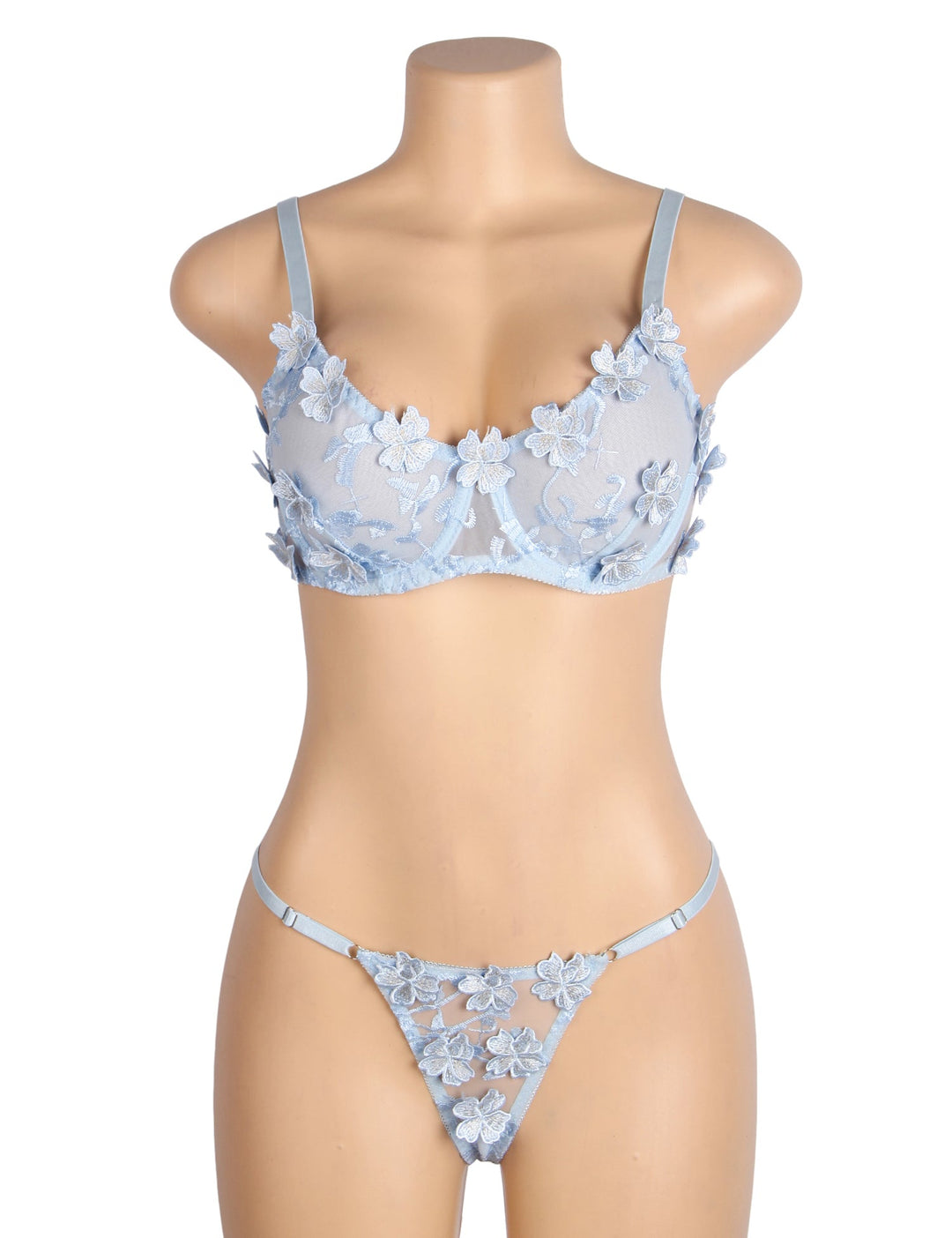 Blue Lace Lingerie Set Mesh Bra Floral Embroidery