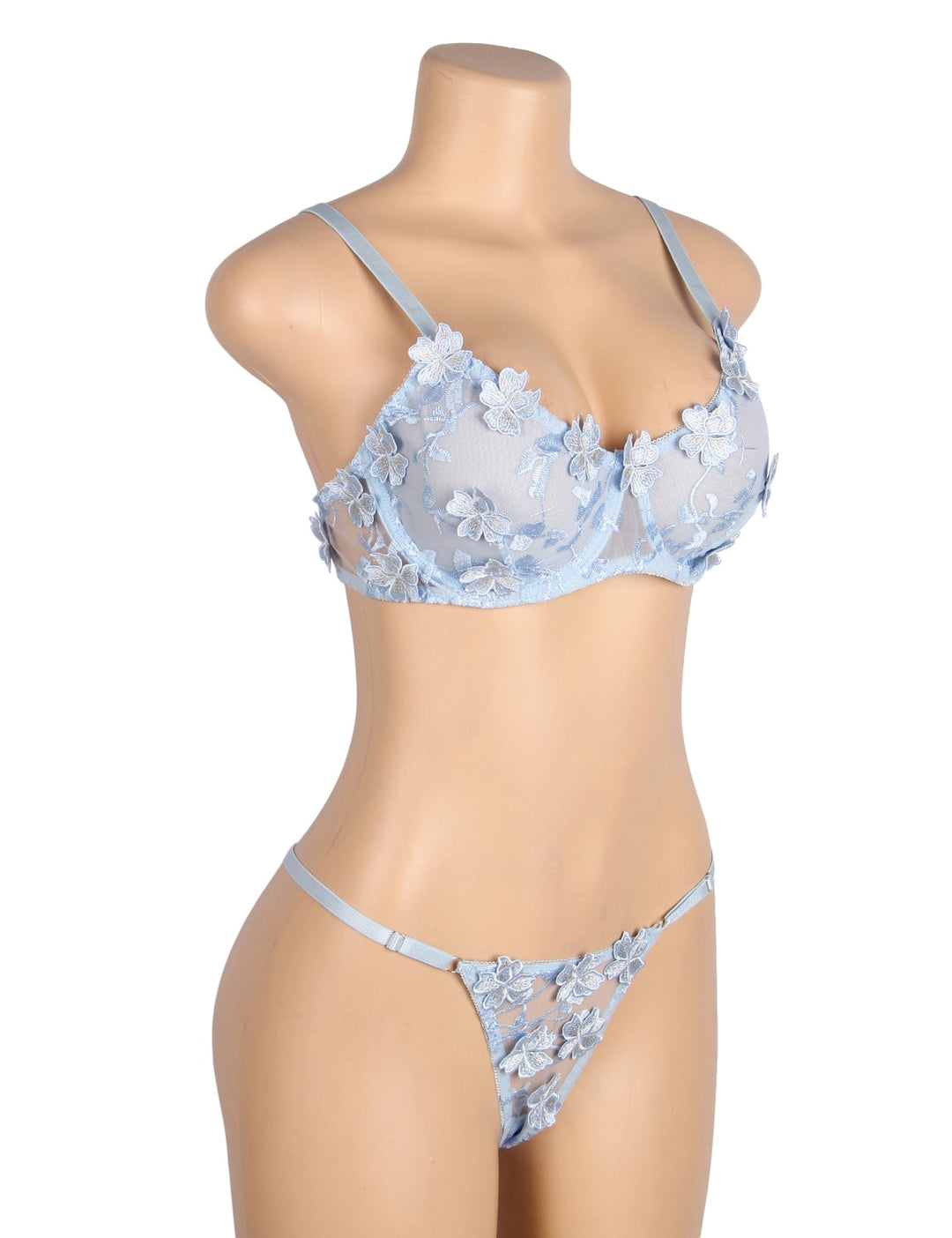 Blue Lace Lingerie Set Mesh Bra Floral Embroidery