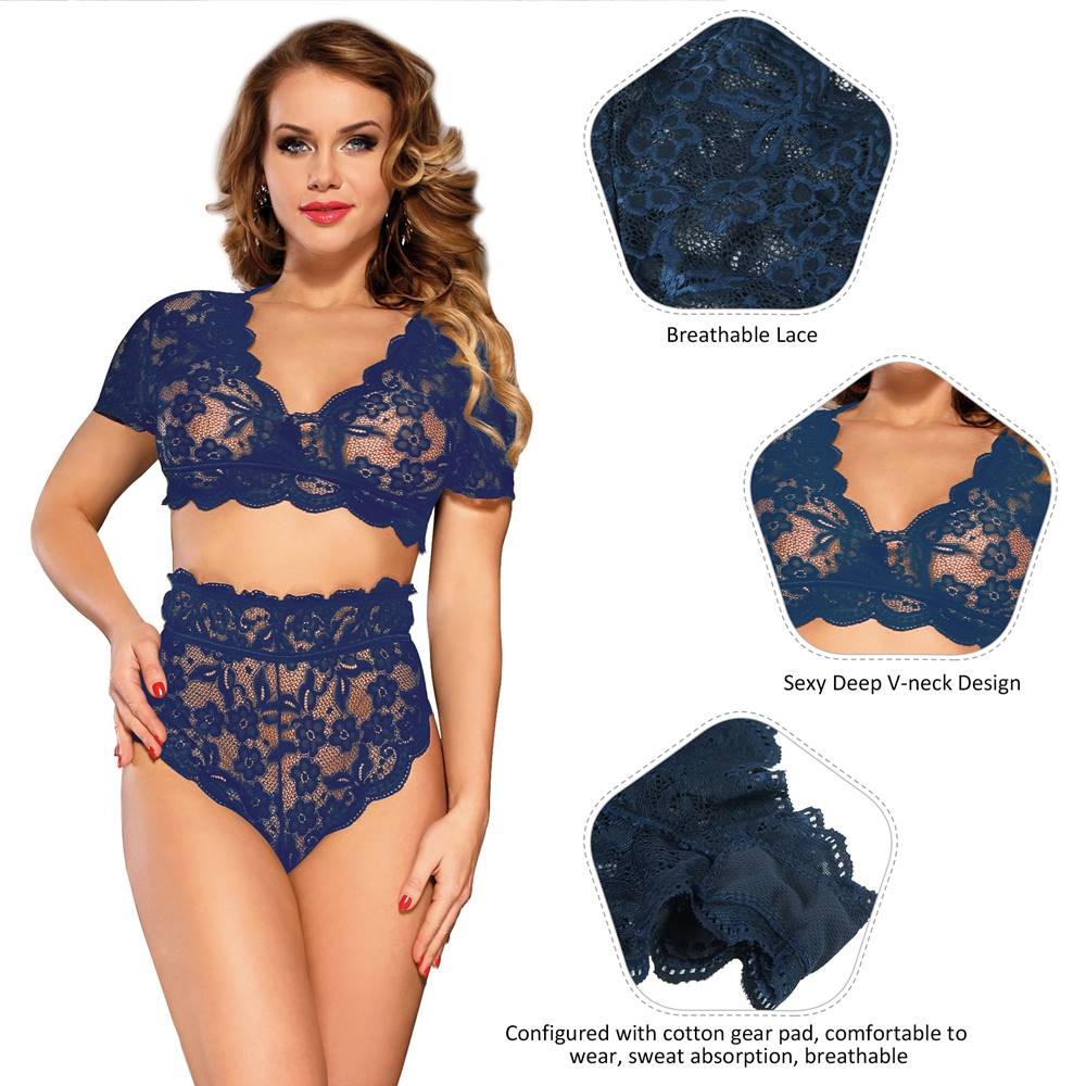 High Waist Lace Underwear Blue See Through Lingerie