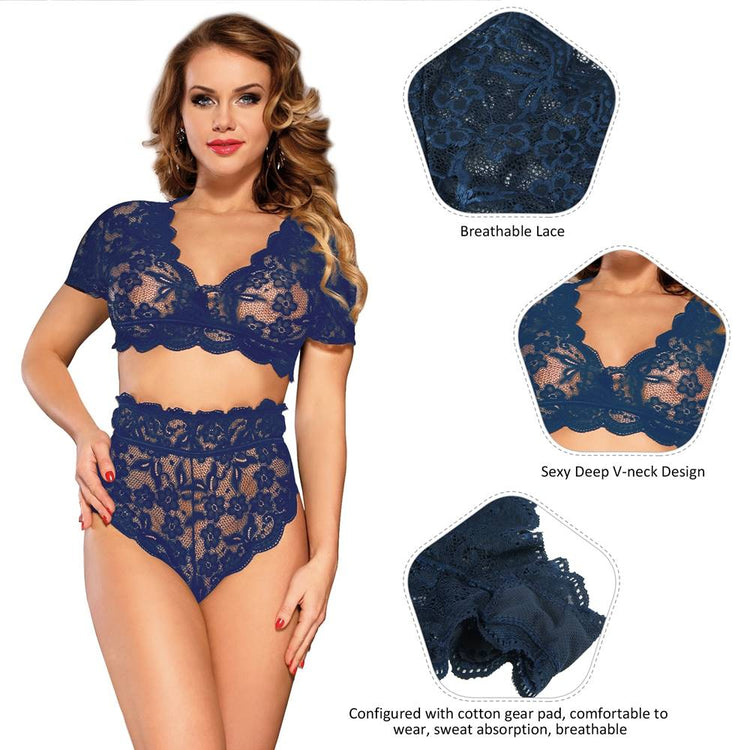 High Waist Lace Underwear Blue See Through Lingerie