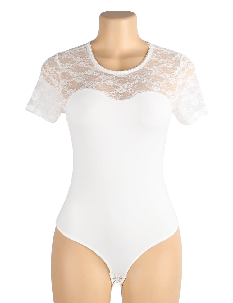 Lace Bodysuit White Sexy Crotchless Short Sleeve