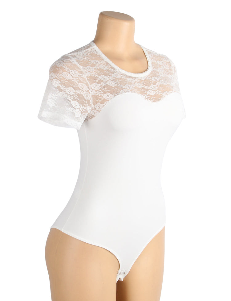 Lace Bodysuit White Sexy Crotchless Short Sleeve