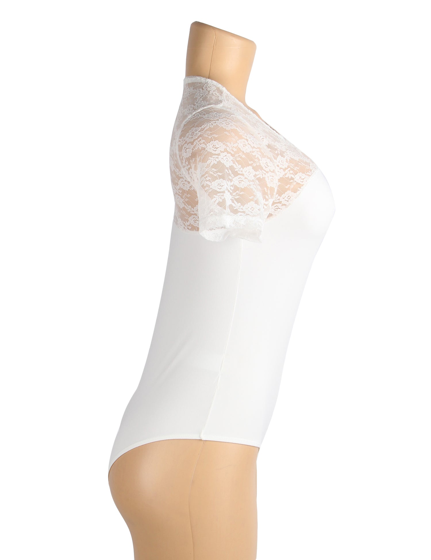 Lace Bodysuit White Sexy Crotchless Short Sleeve