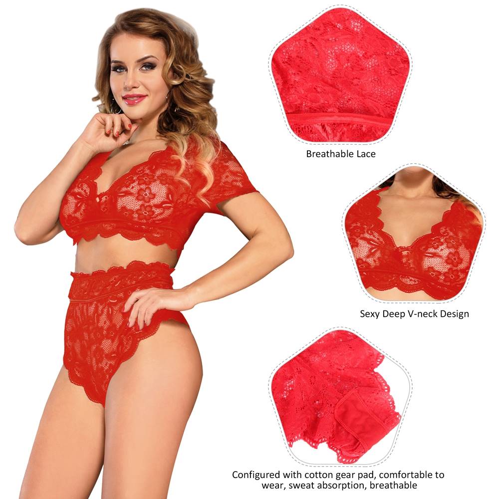 Lace Bra Red & High Waist Panty Women's Lingerie Set