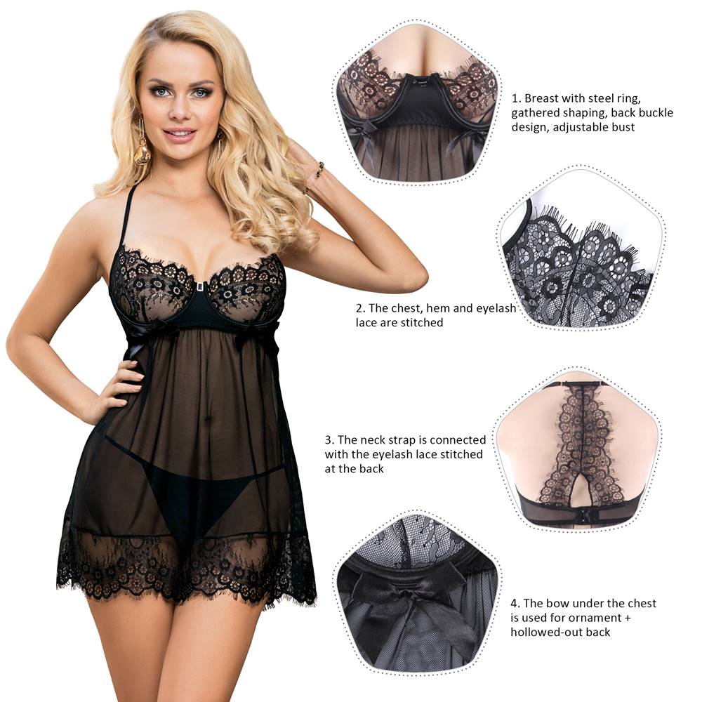 Lace Lingerie Set Black Elegant Babydoll Nightwear