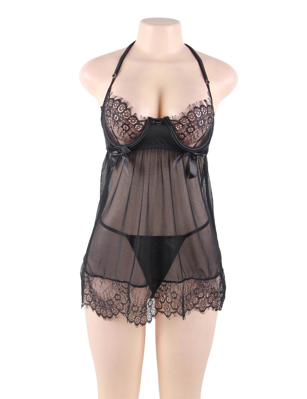 Lace Lingerie Set Black Elegant Babydoll Nightwear