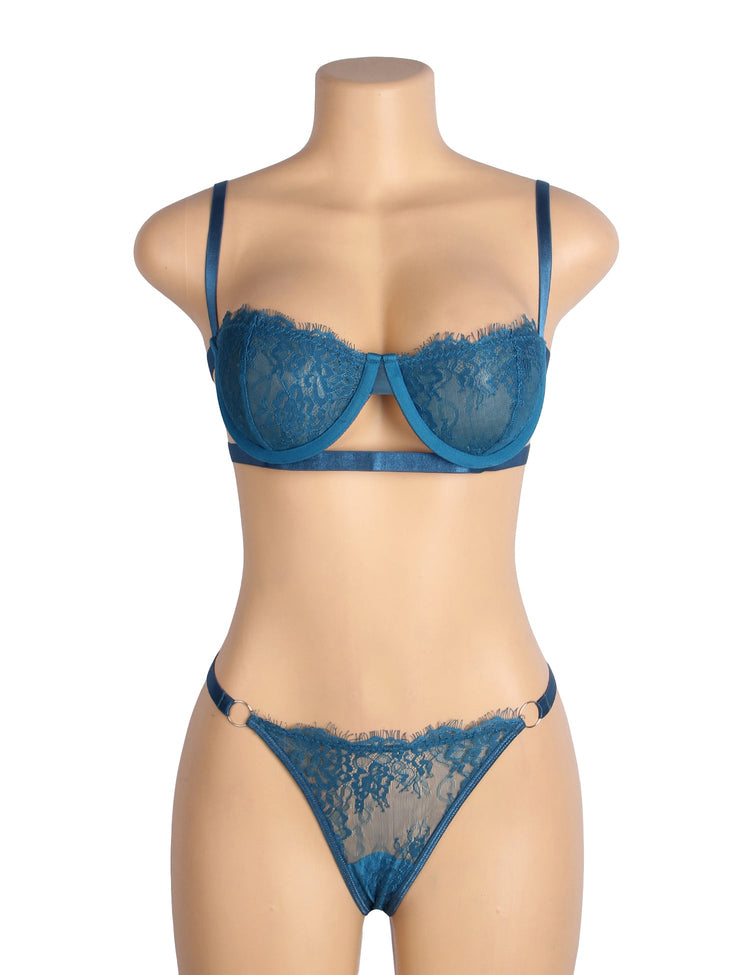 Lace Lingerie Set Blue Balcony Bra See-Through Design