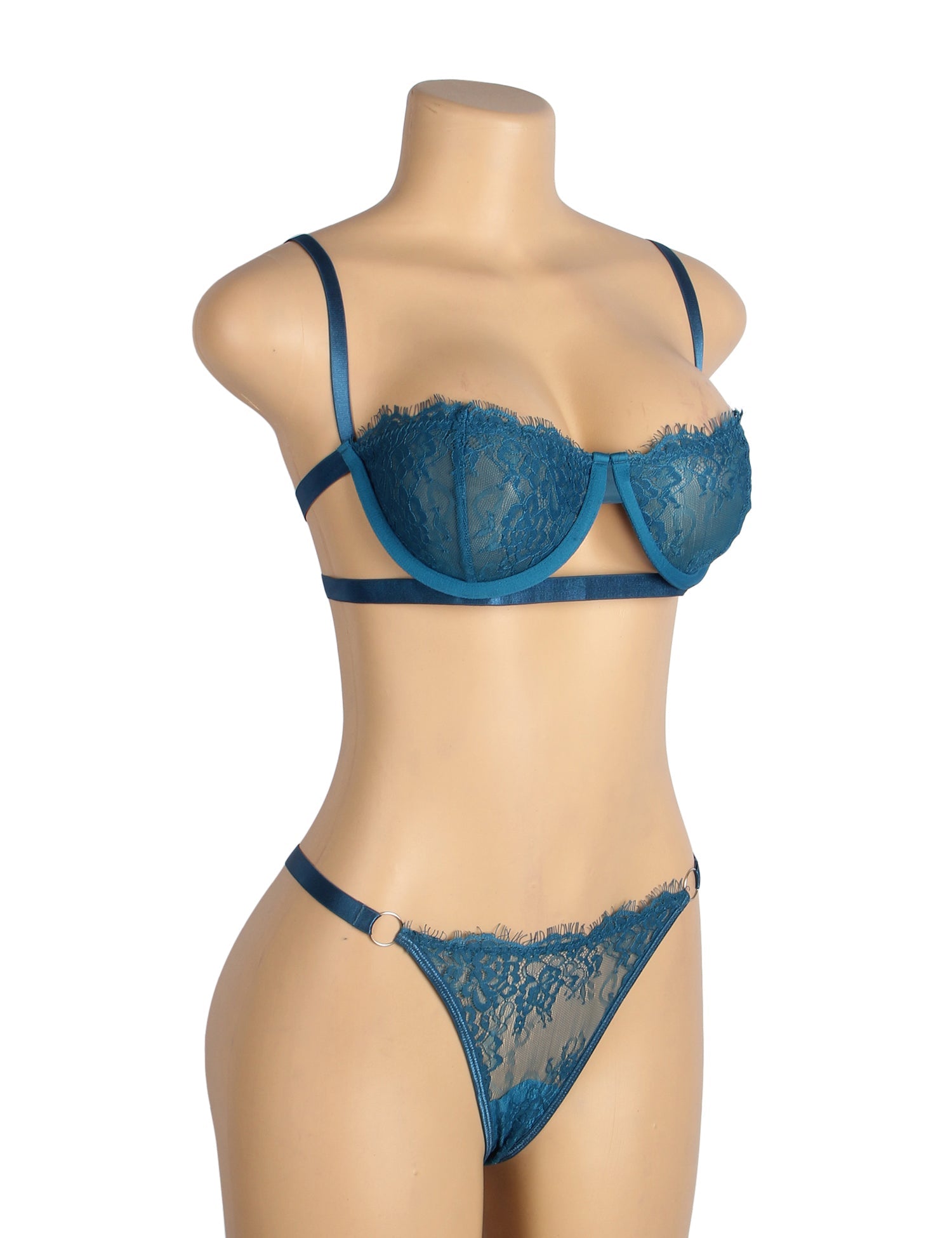 Lace Lingerie Set Blue Balcony Bra See-Through Design