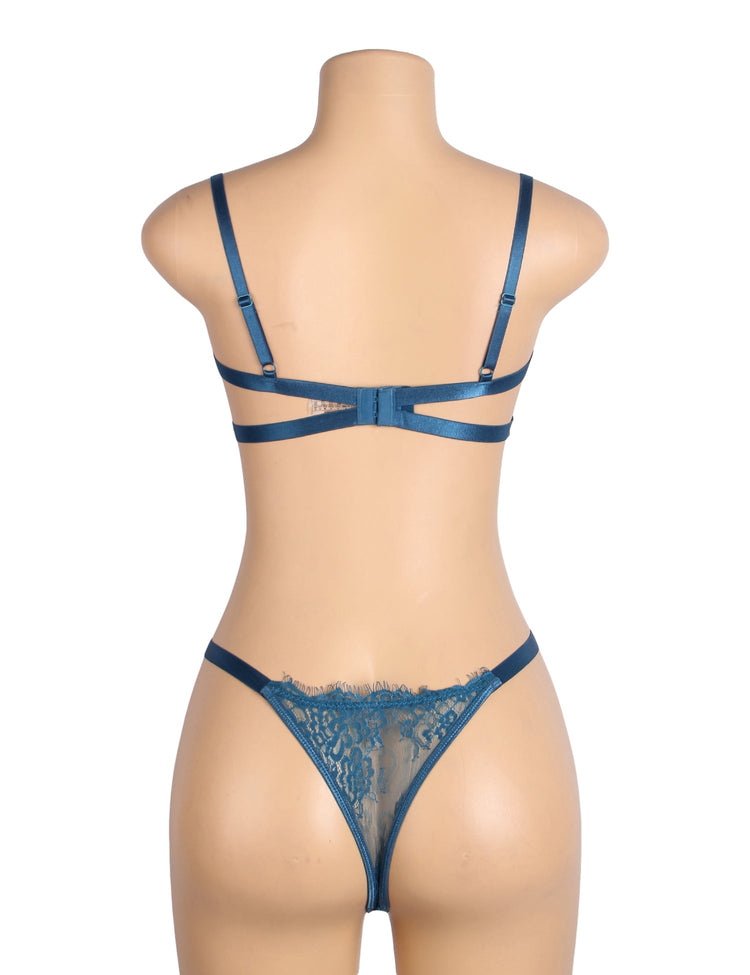 Lace Lingerie Set Blue Balcony Bra See-Through Design