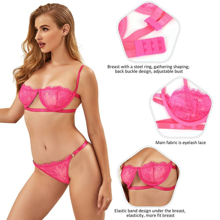 Lace Lingerie Set Pink Balconette Underwire Bra