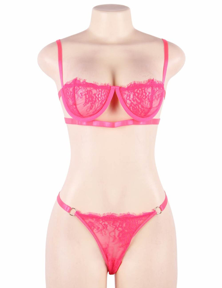 Lace Lingerie Set Pink Balconette Underwire Bra