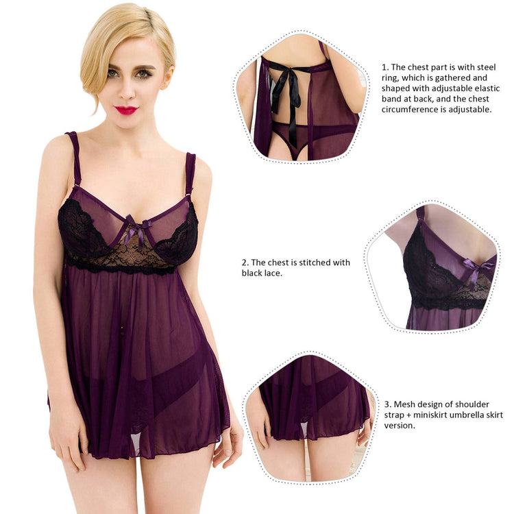 Lace Mini Dress Purple Sexy See-Through Design