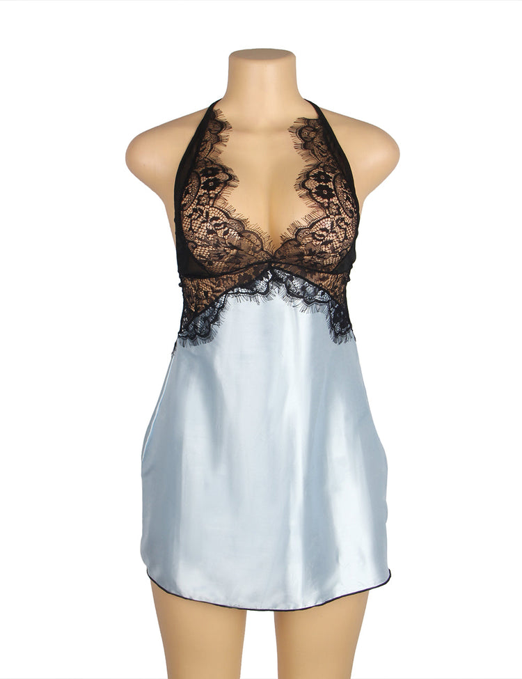 Lace Satin Babydoll Lingerie in Black and Blue