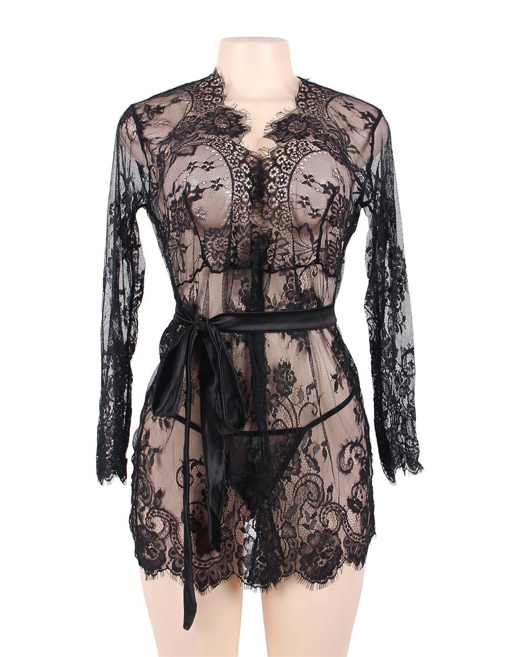 Lace Sleepwear Gown Black Sexy Thong Style