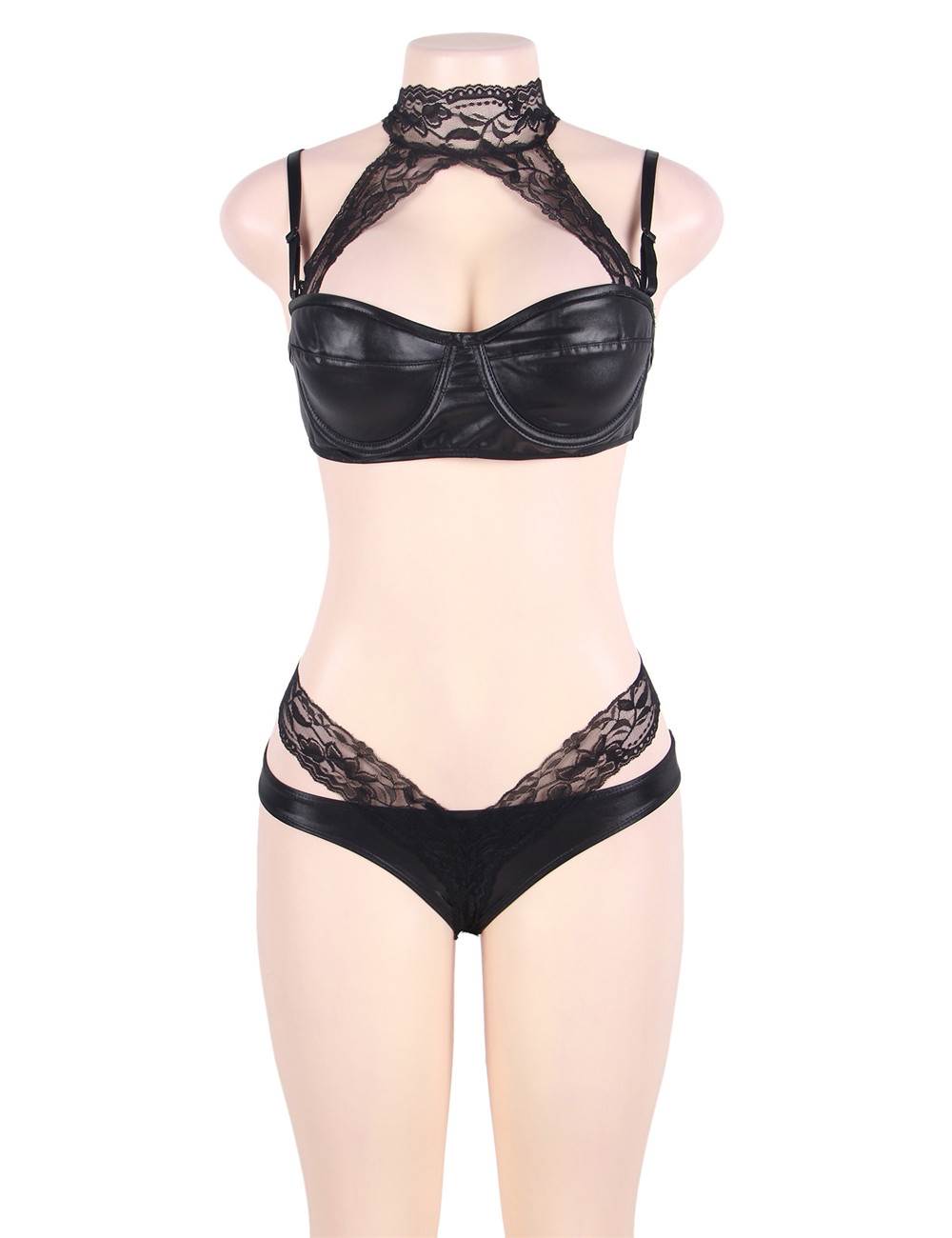 Leather Bra and Knickers Set Black with Lace Detailing