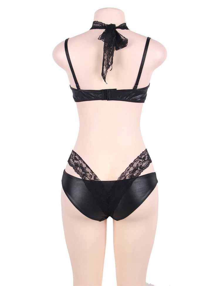 Leather Bra and Knickers Set Black with Lace Detailing