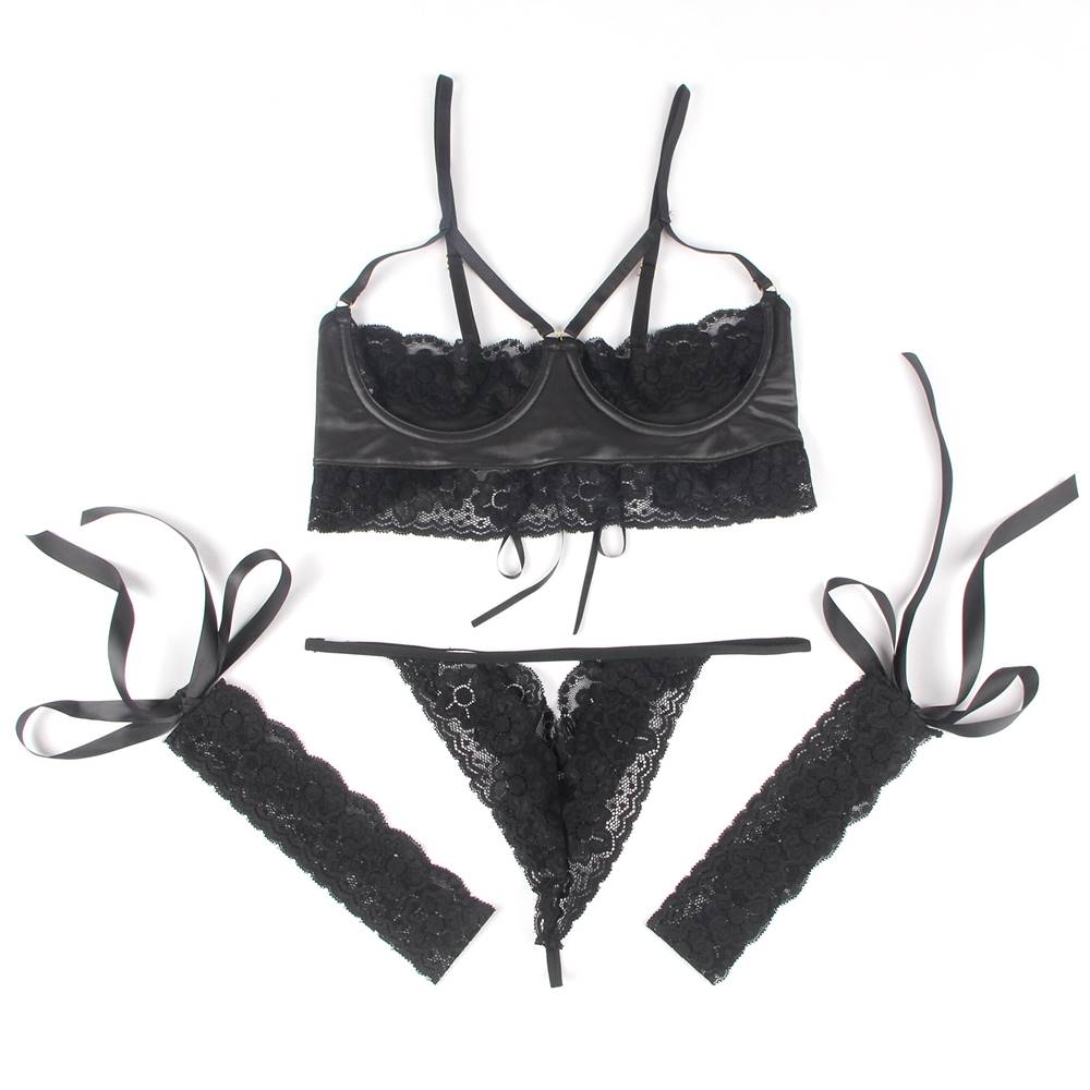 Leather Lingerie Set Black Sexy Open Cup Bra