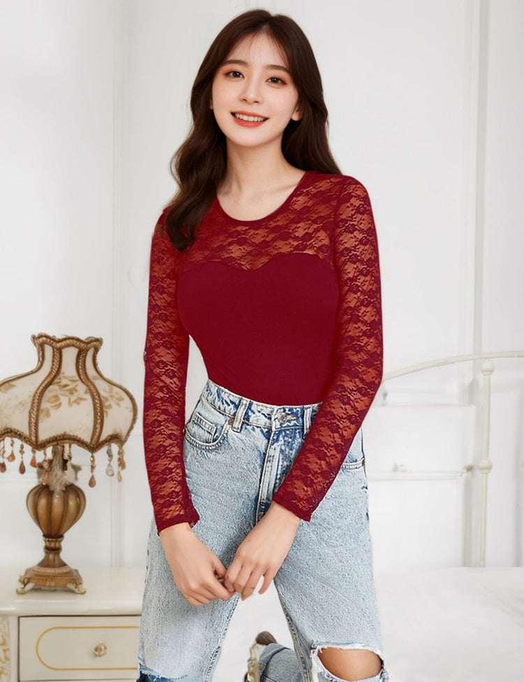 Long Sleeve Lace Bodysuit Burgundy Open Crotch Design