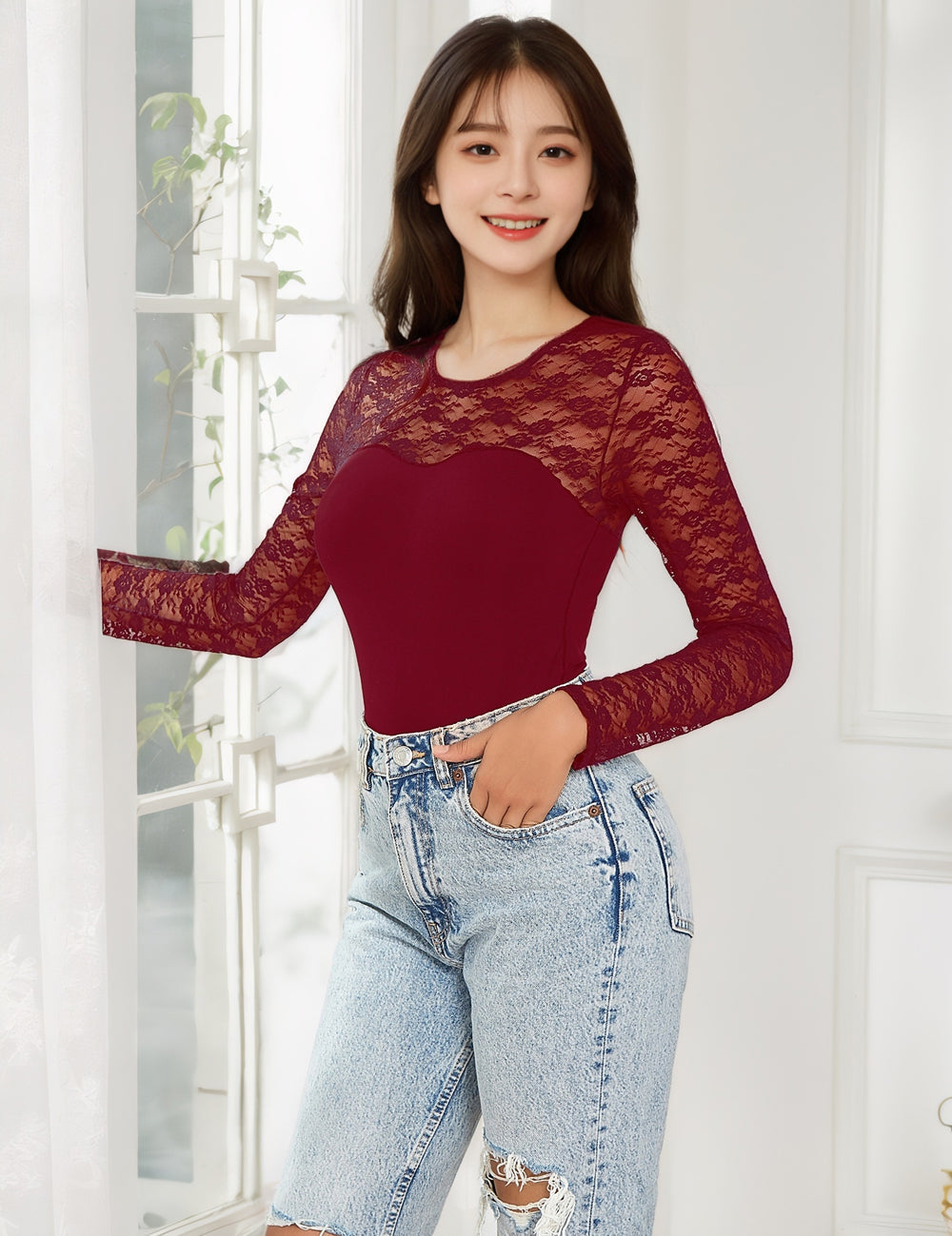 Long Sleeve Lace Bodysuit Burgundy Open Crotch Design