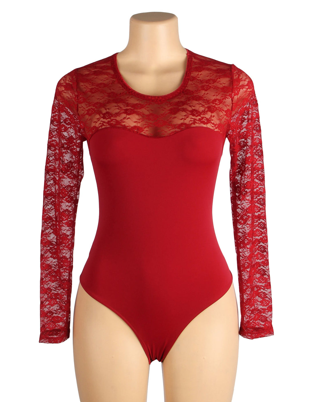 Long Sleeve Lace Bodysuit Burgundy Open Crotch Design