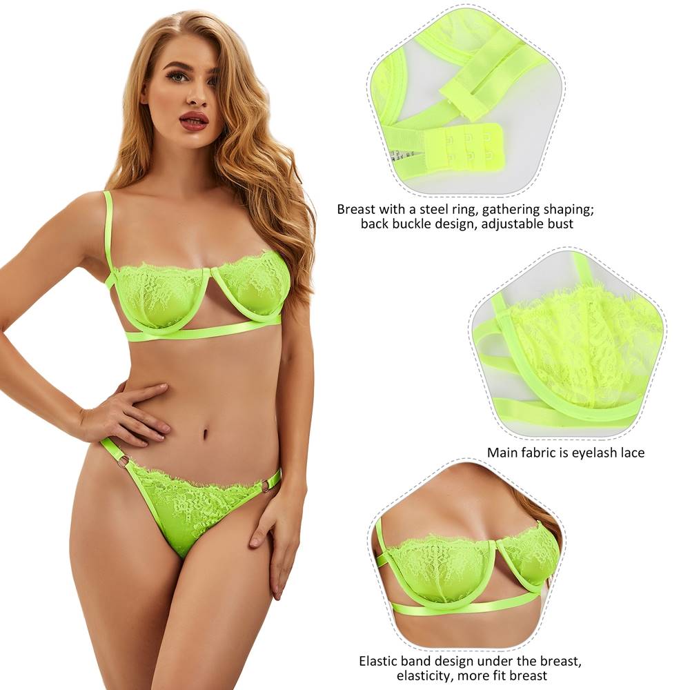 Neon Lace Underwire Bra Set See-Through Lingerie