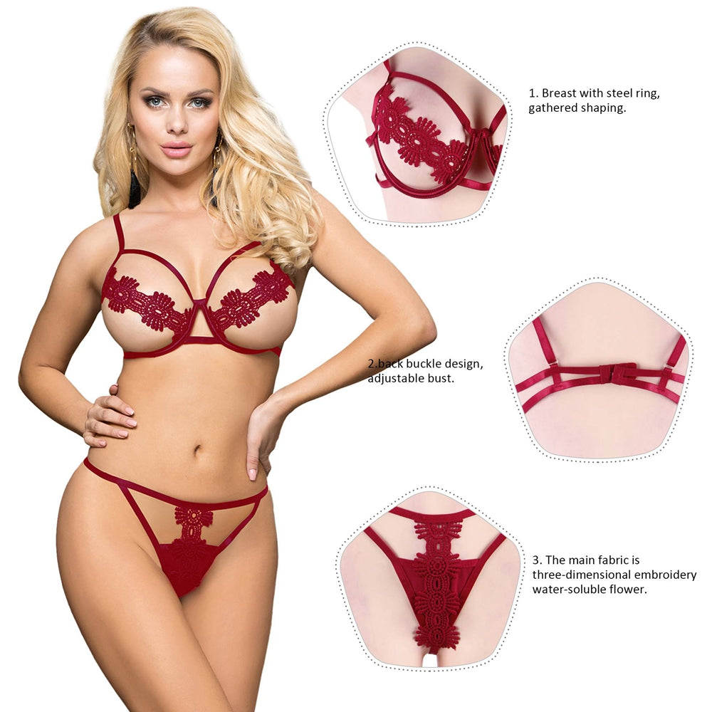 Open Cup Bra Set Red Underwire Sexy Lingerie