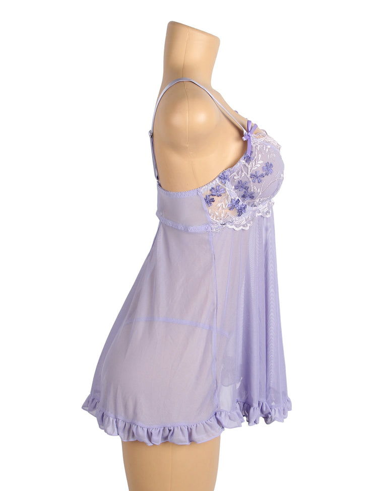 Purple Lace Nightdress Mesh Embroidery Lift Bra