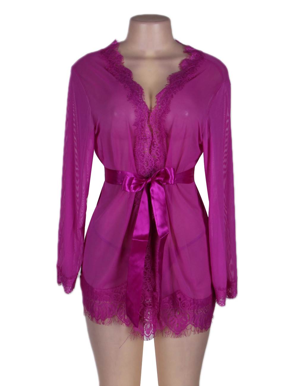 Purple Sheer Robe Lace Trim with Thong Set