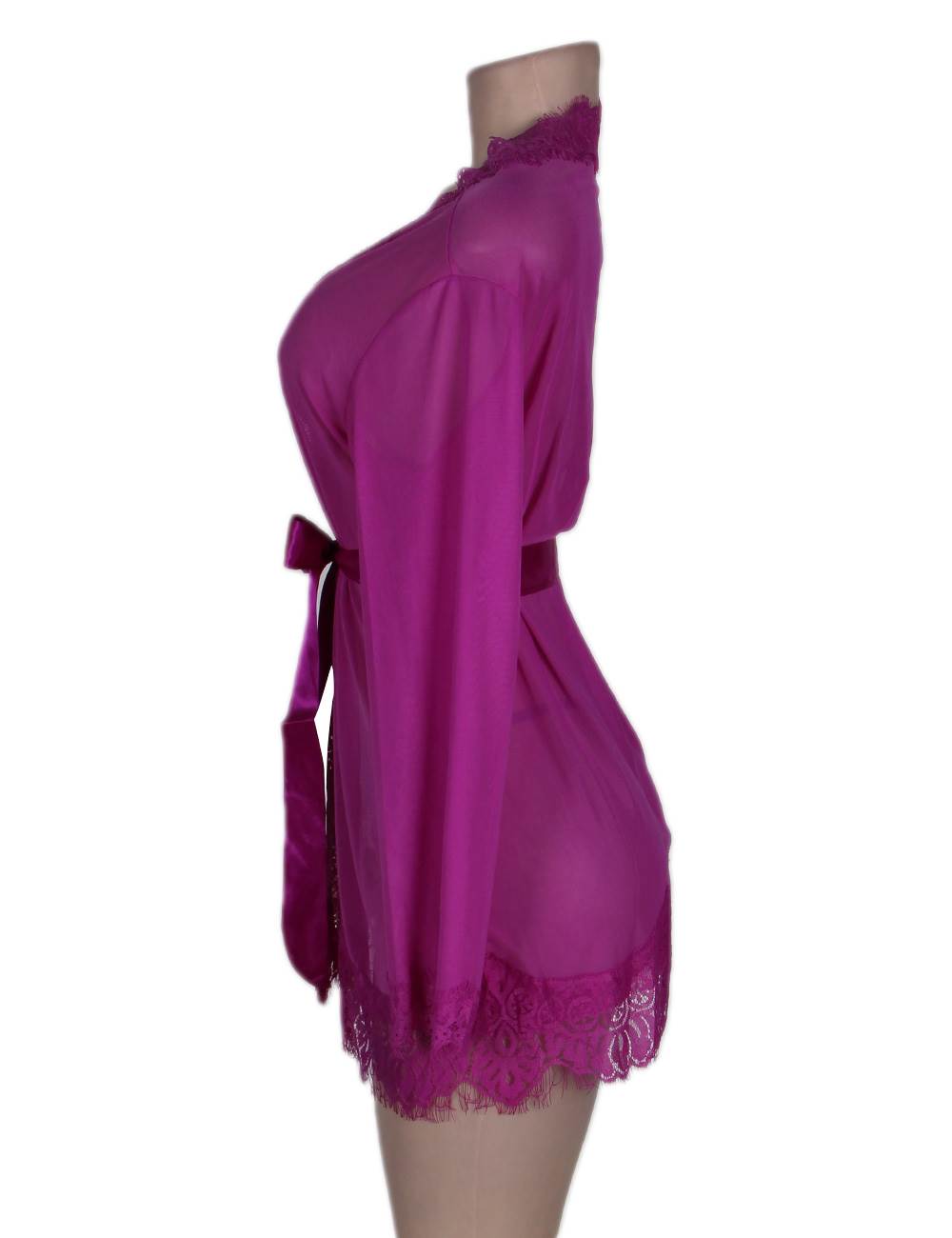 Purple Sheer Robe Lace Trim with Thong Set