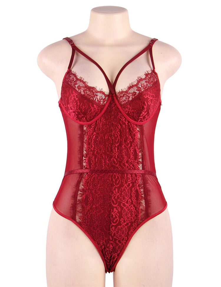 Red Lace Bodysuit Open Crotch Sexy Nightwear