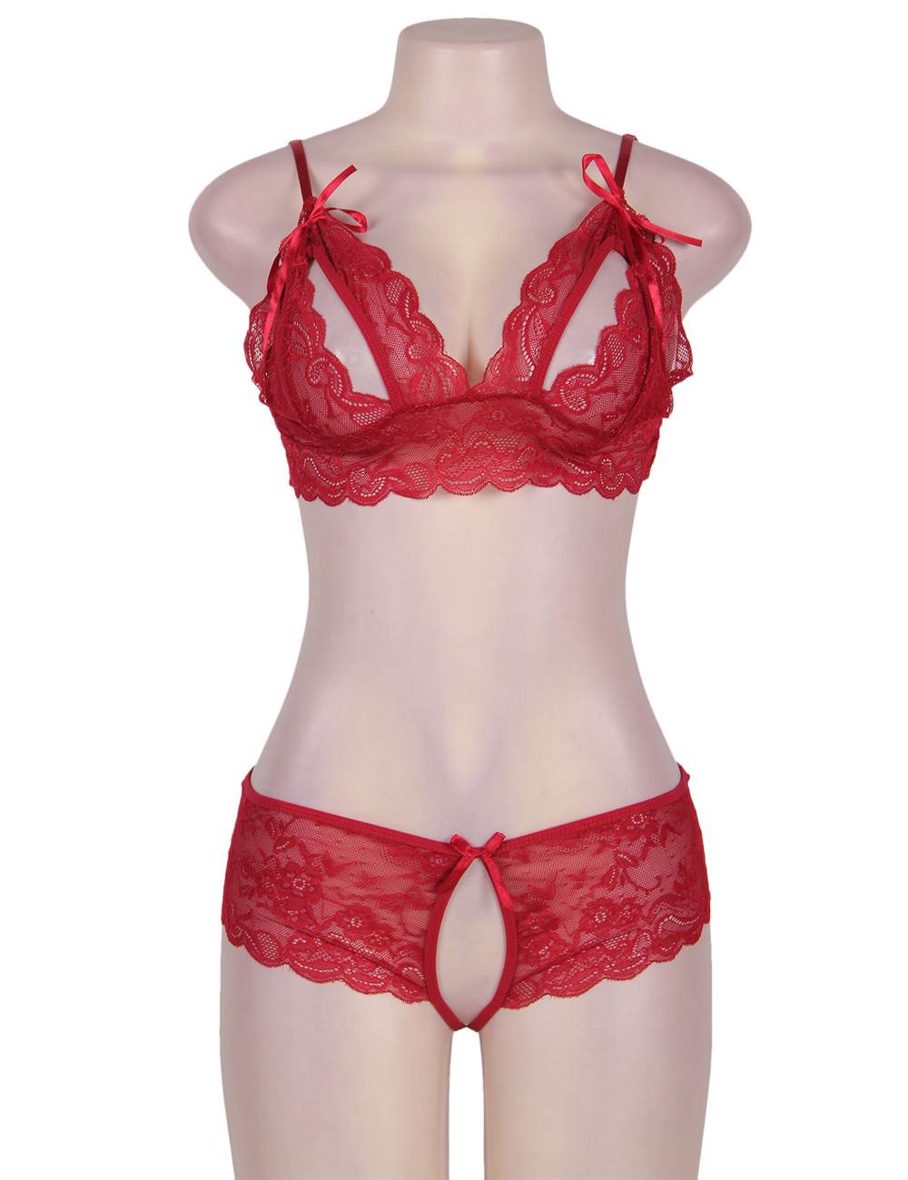 Red Lace Lingerie Set Crotchless Design