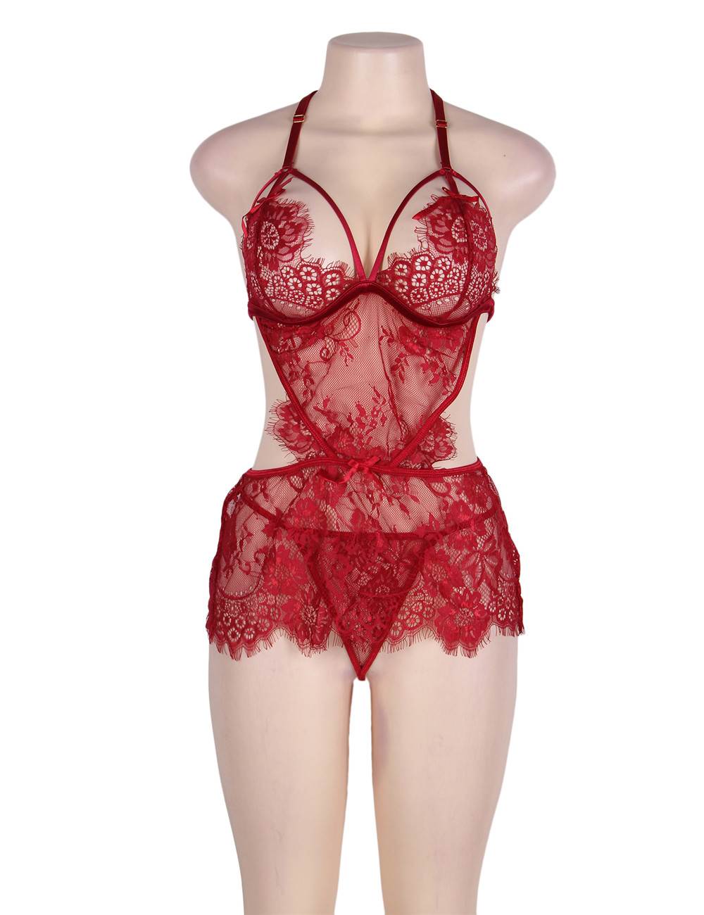 Red Lace Lingerie Set Sexy Sheer Babydoll