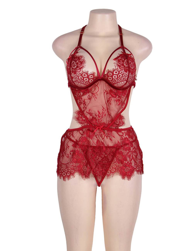 Red Lace Lingerie Set Sexy Sheer Babydoll