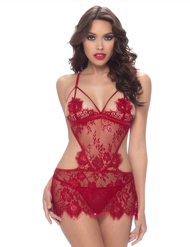 Red Lace Lingerie Set Sexy Sheer Babydoll