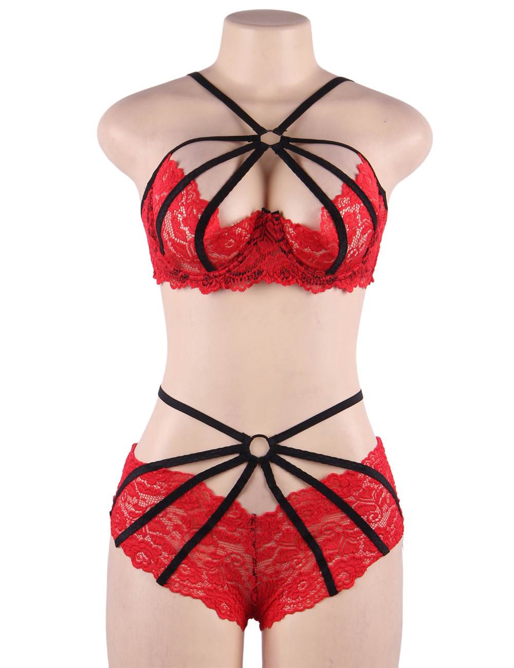 Red Lace Lingerie Set Sexy Strappy Underwire