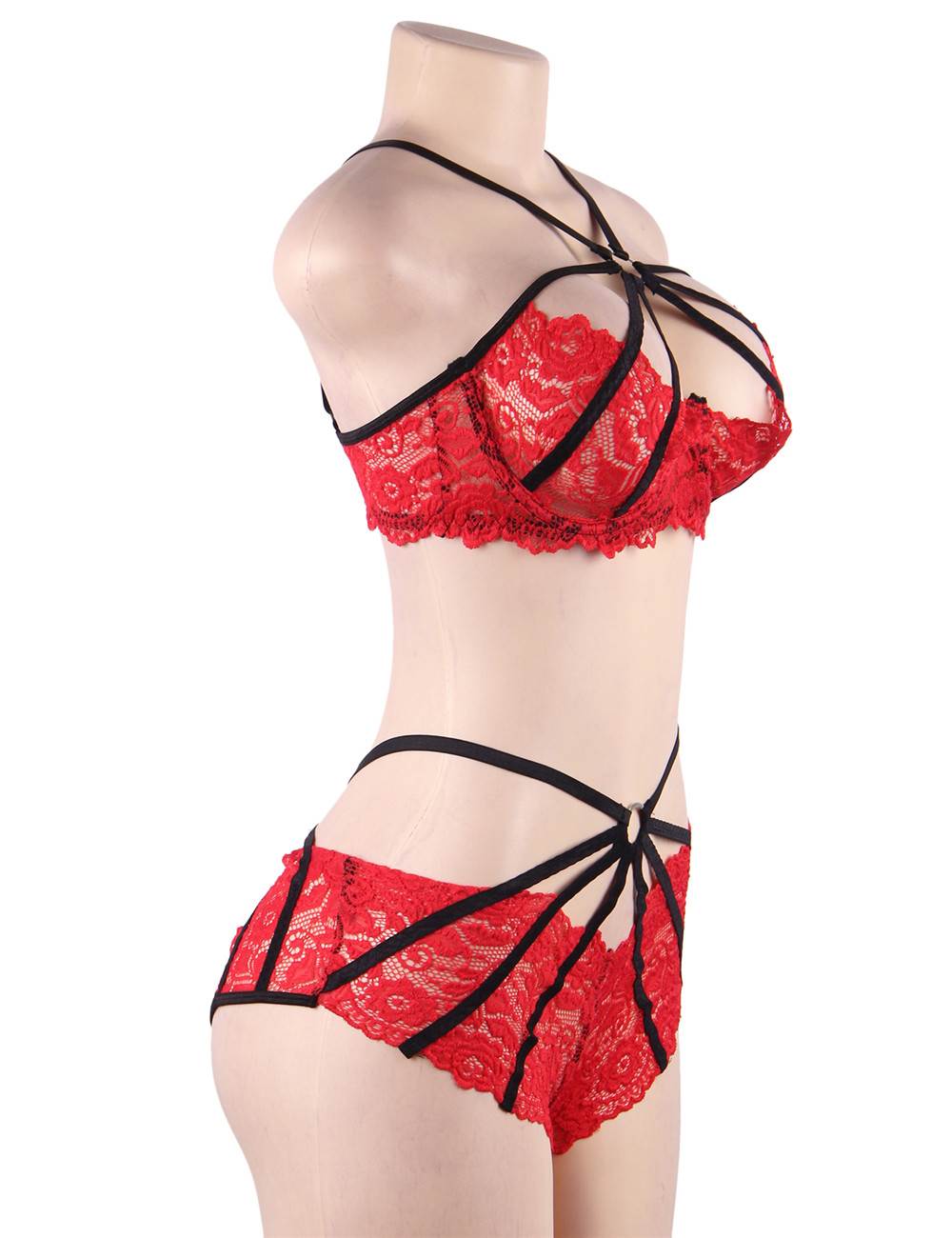 Red Lace Lingerie Set Sexy Strappy Underwire