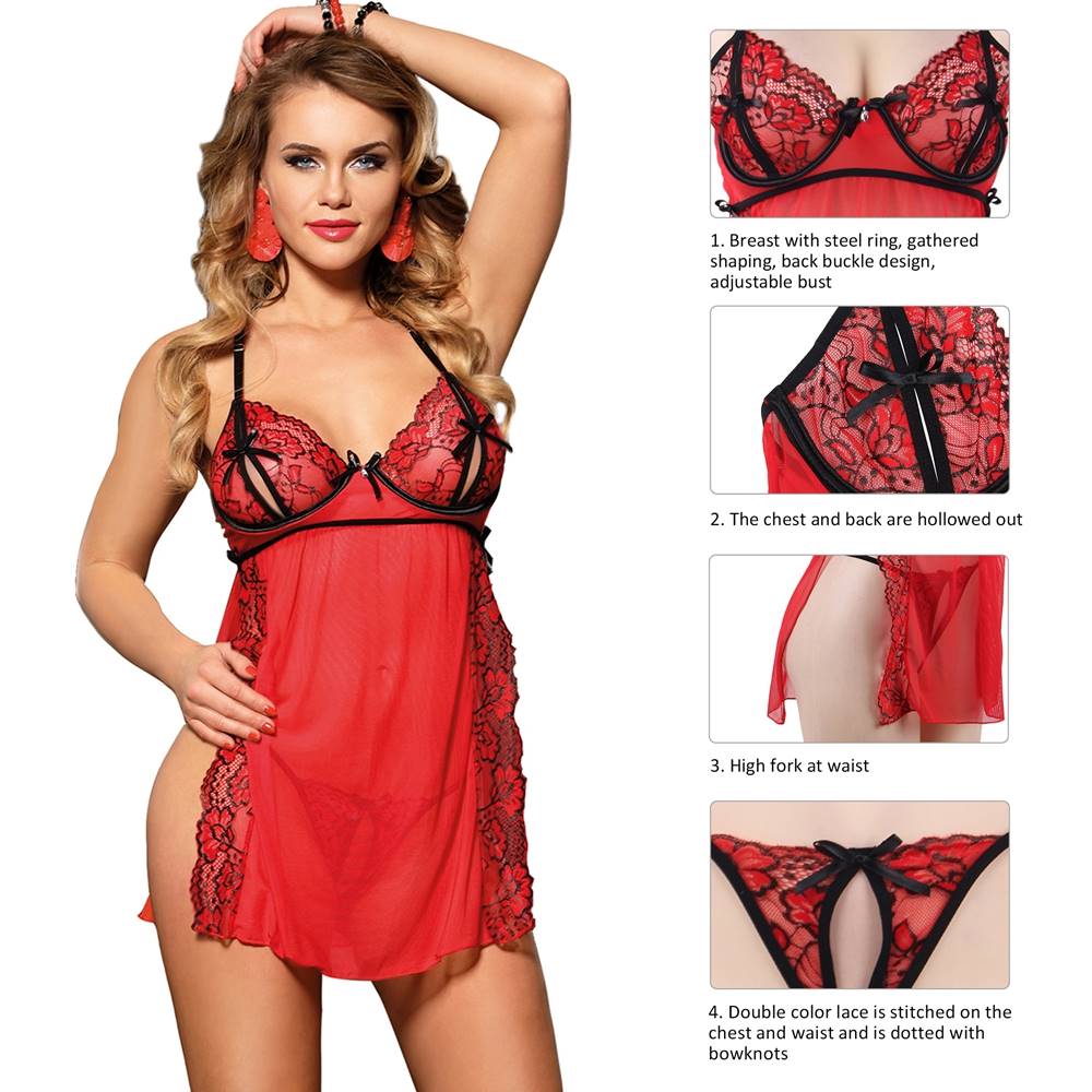 Red Lace Sexy Babydoll Lingerie with Intricate Details