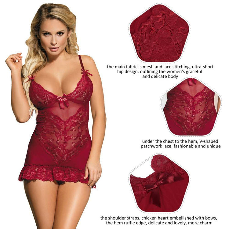 Red Lace Sexy Nightwear See-Through Design