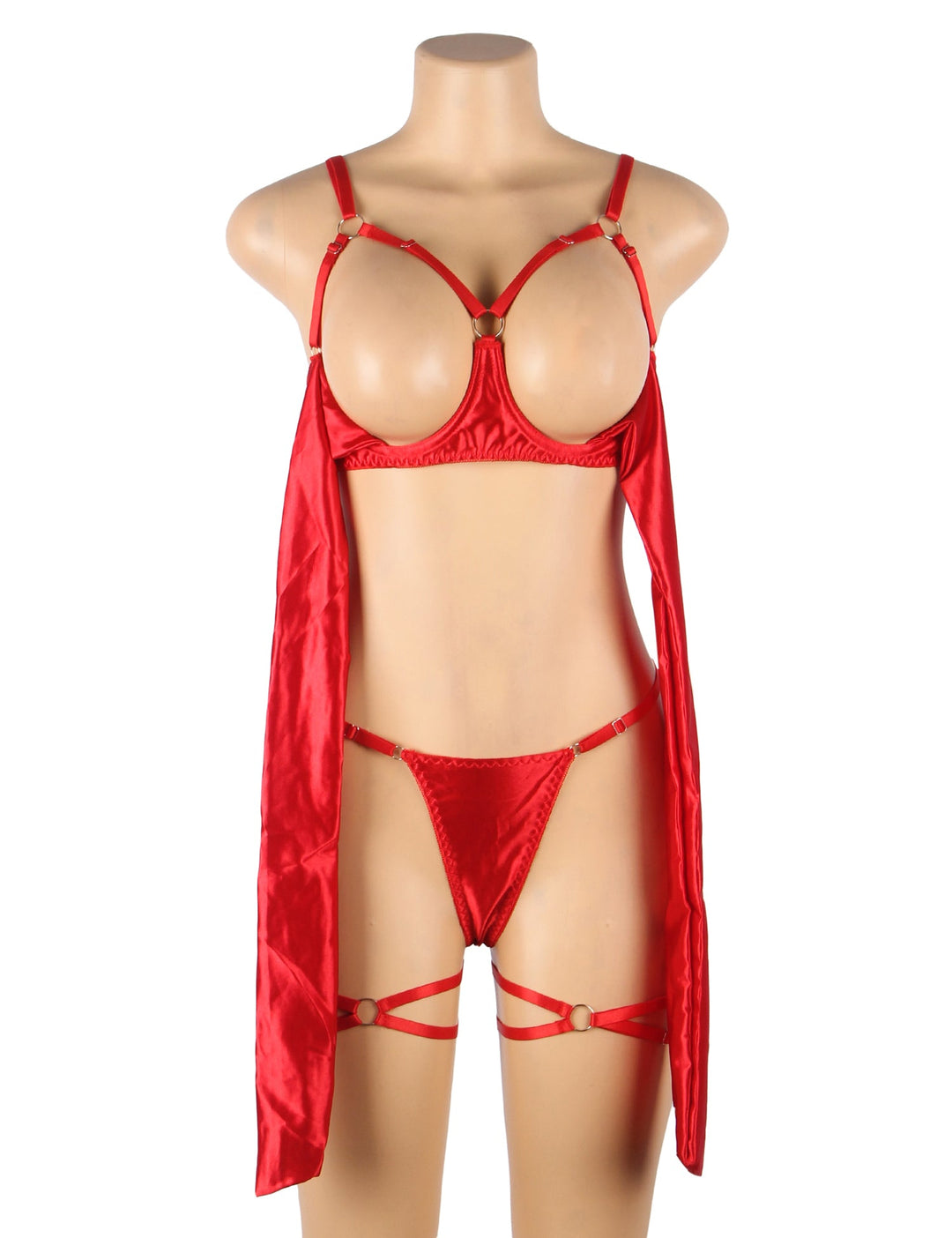 Red Lingerie Set Open Cup Bra Sexy Satin Finish